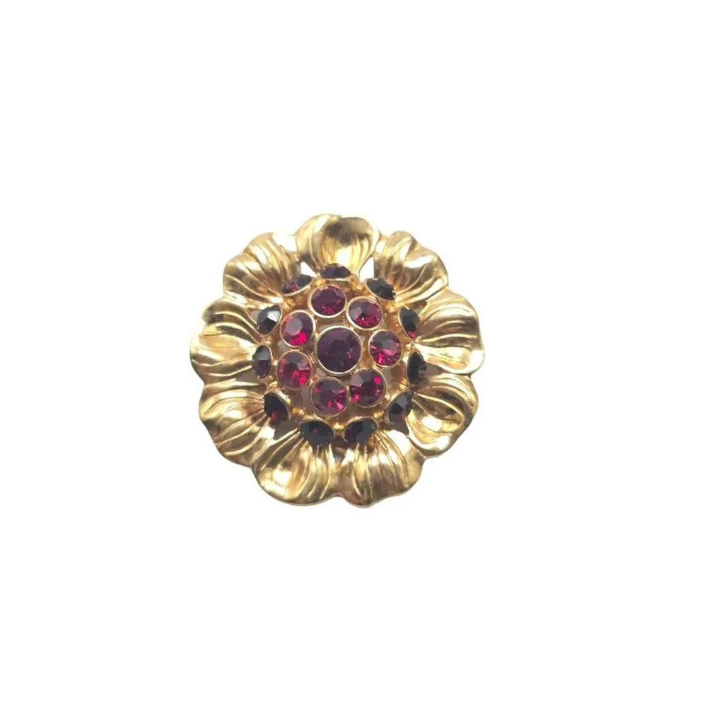 Monet Red Rhinestone Floral Brooch Pin Gold Tone Vintage